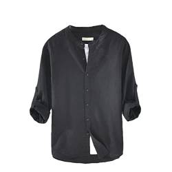 Herren Casual Baumwolle Leinen Hemd Stehkragen Regular Fit Basic Bluse Langarm Hemd Tops, 603 Schwarz, XL von Vsadsau