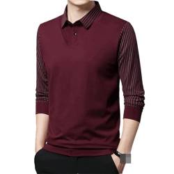 Herren Pullover Knopf Streifen Solid Shirt Fake Zweiteiler Langarm T-Shirt Casual Polo Shirt, rot, L von Vsadsau