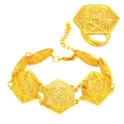 Vsadsau Afrikanische 24 Karat vergoldete Kettenarmbänder mit Ringen für Damen und Herren, äthiopisches Dubai, Hochzeits-, Party-Schmuck, One Size, Kupfer, Ohne Edelstein von Vsadsau