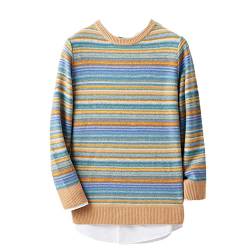 Vsadsau Cashmere Sweater Herren Rundhals Pullover 100% Merinowolle Vintage Streifen Strickpullover Tops, Warm Yellow, Large von Vsadsau