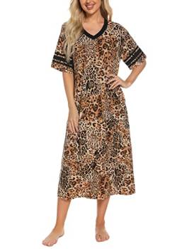 Vslarh Damen-Nachthemd, V-Ausschnitt, Strick, lange Nachtwäsche, kurze Ärmel, weiche Loungewear mit Taschen, S-XXL, Leopard, XX-Large von Vslarh