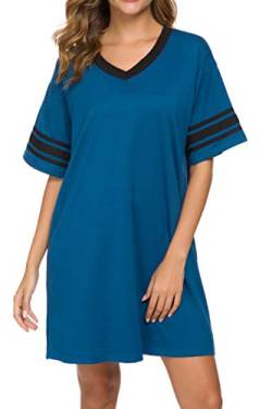 Vslarh Damen Nachthemd Kurzarm Schlafshirt V Ausschnitt Nachthemden Baumwolle Lose Bequem Pyjama Kleid Casual Nachtwäsche, Blau, Medium von Vslarh