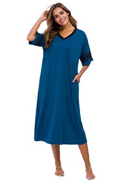 Vslarh Damen Nachthemd V Ausschnitt Loungewear Kurzarm Nachtwäsche volle Länge Sleepshirt mit Taschen S-XXL - Blau - Medium von Vslarh