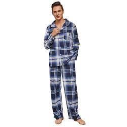 Vulcanodon Herren Pyjama Set karriert, Schlafanzug Herren weicher Druck Pyjamas für Männer, leichte warme Pyjamas mit Taschen (Blau-Weiß Kariert, L) von Vulcanodon