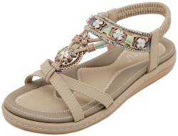 Vunavueya Damen Sandalen Slingback Frauen Zehentrenner Sandale Flache Sommer Leder Riemchensandale Bohemian Flip Flops Schuhe 01 Beige 41 von Vunavueya