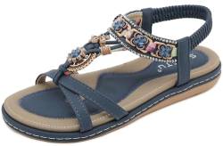 Vunavueya Damen Sandalen Slingback Frauen Zehentrenner Sandale Flache Sommer Leder Riemchensandale Bohemian Flip Flops Schuhe 01 Blau 38 von Vunavueya