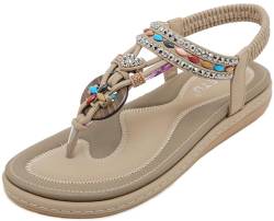 Vunavueya Damen Sandalen Slingback Frauen Zehentrenner Sandale Flache Sommer Leder Riemchensandale Bohemian Flip Flops Schuhe 02 Beige 39 von Vunavueya