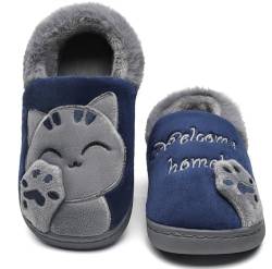 Vunavueya Damen Winter Flache Hausschuhe Herren Plüsch Pantoffeln Warme gefüttert Pantoletten Weich Bequem Slipper Schuhe Blau Navy 43/44 EU/44-45CN von Vunavueya