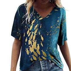 T-Shirt Damen Mit Aufdruck Fischschuppen Rundhals Oberteile Damen Elegant Sommer Kurzarm Große Größen Freizeit Lässig Lockere Blusenshirt Top Hemd (Blau-2, L) von Vuncio