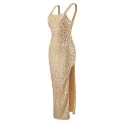 Vuncio Abendkleid Damen Glitzerkleid Eng mit Gehschlitz Halfter Schulterfrei Cocktailkleider Elegant Festliche Kleider Pailletten Kleider Konfirmation Lang Ballkleider Maxikleider (Gold, S) von Vuncio