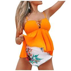 Vuncio Umstands Tankini Schwangerschafts Badeanzug Schwangere Damen Blumenmusterdruck Falten Umstandsbademode Mutterschaft Frauen Umstandsbadeanzug Große Größen (Gelb, M) von Vuncio