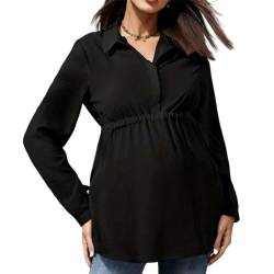 Vuncio Umstandshemd Lang Herbst Festlich Umstandsbluse Langarm V-Ausschnitt Winter Mutterschaft Top Stilloberteil Damen Große Größen Elegant Umstandsmode Umstandsshirt Top (Schwarz, L) von Vuncio