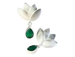 Ohrringe mit Lotusblume, Sterlingsilber, mit natürlichem Halbedelstein, Onyx-Grün, für Damen von Vurmashop