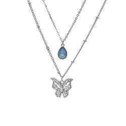 W WEILIRIAN Mehrschichtige Kristall Schmetterlings Halskette für Frauen gepflasterte Cz Schmetterlings Anhänger Halskette blaue Kristall Halskette Wassertropfen Strass Halskette Schmuck für Mädchen von W WEILIRIAN