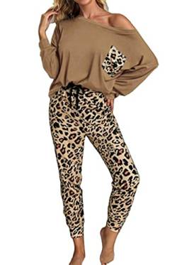 Damen Leopardenmuster Herbst/Winter Home Pyjama Set Komfortables 2-Teiliges Home Wear Set Freizeithose Und Top Mit Taschen von WAEKQIANG