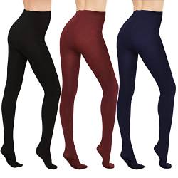 WAJIAFAR 3 Paar Thermo strumpfhose gefütterte Fleece blickdichte strumpfhose damen, hoch taillierte Bauchkompressions strumpfhose Winter(Schwarz, Burgund, Navy-M) von WAJIAFAR