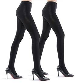 2 Pairs Ultra Opaque Tights for Women - 80D Microfiber Control Top Pantyhose (Schwarz, L) von WAKUNA