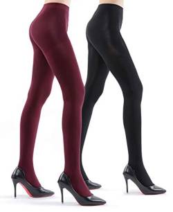 2 Pairs Ultra Opaque Tights for Women - 80D Microfiber Control Top Pantyhose (Schwarz & Burgund, XL) von WAKUNA
