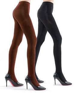 2 Pairs Ultra Opaque Tights for Women - 80D Microfiber Control Top Pantyhose (Schwarz & Heidebraun, L) von WAKUNA