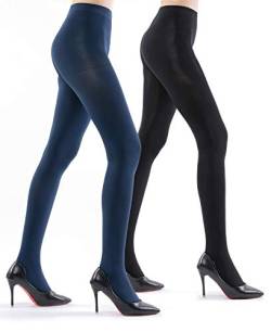 2 Pairs Ultra Opaque Tights for Women - 80D Microfiber Control Top Pantyhose (Schwarz & Navy blau, L) von WAKUNA