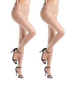 WAKUNA 2 Paar Damenstrumpfhosen mit offenem Zehenbereich, 10D-Strumpfhosen, beige, Small von WAKUNA