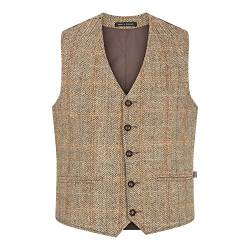 WALKER AND HAWKES Herren Country-Weste - Klassisch Schottisch aus Harris-Tweed - Fischgrätmuster- Overcheck-Tartanmuster - Sandweiß - EU 48 (UK 38) von WALKER AND HAWKES