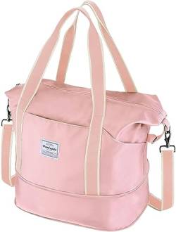 WALNEW Reisetasche für Damen und Herren, faltbar, wasserdicht, mit Metallschnalle, abnehmbarer Schultergurt und Nassfach, rose, 35L, Erweiterbare Reisetasche von WALNEW