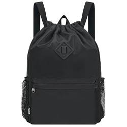 WANDF Rucksack mit Kordelzug, Sporttasche mit Schuhfach, wasserabweisender String-Rucksack Cinch für Damen Herren (Groß,Schwarz) von WANDF