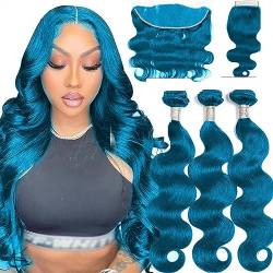 Human Hair Bundles Echthaar-Bündel mit Verschluss, peruanisches Remy-Haar, blaue Körperwelle, 3 Bündel, Echthaar-Webart-Erweiterungen Haarverlängerungen(Size:13" x 4",Color:10 12 14 and8) von WANGHAI-666