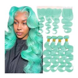 Human Hair Bundles Hellgrüne Körperwellen-Haarbündel, 3 Bündel mit Verschluss, brasilianische 100% Echthaar-Webart, Bündel mit Verschluss vorne Haarverlängerungen(Size:4" x 4",Color:14 14 16 16 with von WANGHAI-666