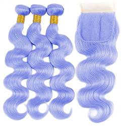 Human Hair Bundles Hellviolett-blau gefärbte, gewellte Echthaar-Webart, 3 Bundles mit Frontal-Körperwelle, Echthaar-Bündel mit Verschluss, 3/4-Remy-Haar, brasilianische Haarwebart-Bündel Haarverlänger von WANGHAI-666