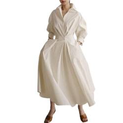 WANGSAURA Damen Langarm Knopfleiste Freizeithemd Langes Kleid mit Taschen Elegante Taille Maxikleid, beige, Small von WANGSAURA
