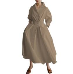 WANGSAURA Damen Langarm Knopfleiste Freizeithemd Langes Kleid mit Taschen Elegante Taille Maxikleid, coffee, Medium von WANGSAURA