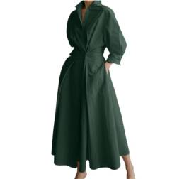 WANGSAURA Damen Langarm Knopfleiste Freizeithemd Langes Kleid mit Taschen Elegante Taille Maxikleid, dunkelgrün, XX-Large von WANGSAURA