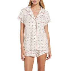 WANGSAURA Damen-Pyjama-Set, 2-teilig, Loungewear, Anzüge mit Herzmuster, kurzärmelig, lockere Hemden, Tops und Shorts, Nachtwäsche, Outfits, Cremig, 38 von WANGSAURA