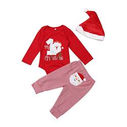 WANGSAURA Neugeborenes Xmas Baby Junge Mädchen Erste Weihnachten Hirsch Weihnachtsmann Strampler + Gestreifte Hosen 2pcs Outfits Set (Weihnachtsmann mit Hut #1, 0-3 Monate) von WANGSAURA