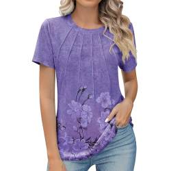 Damen Oberteile Sommer Tshirt Kurzarm Bluse mit Rundhalsausschnitt Bunte Blumen Drucken T-Shirt Tee Tops Pullover Teenager Mädchen Faltenhemd Tunika Shirt Freizeit T Shirts Longbluse für Frauen von WANGTIANXUE