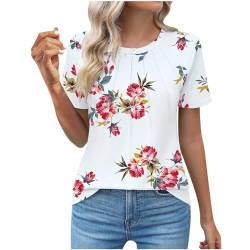 Damen Oberteile Sommer Tshirt Kurzarm Bluse mit Rundhalsausschnitt Bunte Blumen Drucken T-Shirt Tee Tops Pullover Teenager Mädchen Faltenhemd Tunika Shirt Freizeit T Shirts Longbluse für Frauen von WANGTIANXUE