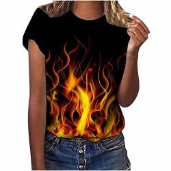 Damen Sommer Tshirt Flammen Drucken Rundhals Tee Shirt Karneval Kurzarm T-Shirt Teenager-Mädchen Mode Flammenmuster Sommershirt Oberteile Baumwolle Sportshirt Streetwear Tunika Bluse Top von WANGTIANXUE