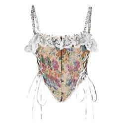 Korsett Damen Bauchweg Corset mit Schnürung Sexy Öse Spitze Blumendruck Unterbrust Vollbrust Oberteil Gräten Rückseite Gürtel Taillenformer Elegant Vintage Palast Stil Corsage Überbrus Shaperwear von WANGTIANXUE