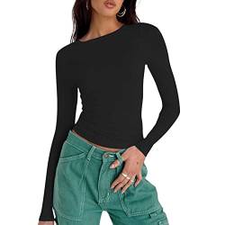 Langarmshirt Damen Eng Y2k Oberteile Langarm Shirts Slim Fit Basic Crop Tops Sexy V-Ausschnitt/Rundhals Cropped Tee Teenager-Mädchen Mode Streetwear Sport Shirt Casual Athletisches Tunika Top von WANGTIANXUE