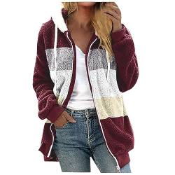 Plüschjacke Damen Teddy Fleece Plüschmantel Zipper Hoodie Patchwork Kapuzenjacke Langarm Warme Herbstjacke Reissverschluss Winterjacke Oversized Sweatjacke Kapuzenpulli Vintage Outwear Oberbekleidung von WANGTIANXUE