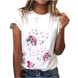 Tshirt Damen,Weisses T Shirt Damen Sommer T-Shirt Damen Basic T Shirt Bedrucken Rundhalsausschnitt Weiß Oberteile Baumwolle Casual Damen Kurzarm Bluse Tops Klamotten Teenager Mädchen Sportshirt von WANGTIANXUE