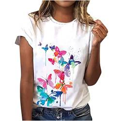 Tshirt Damen,Weisses T Shirt Damen Sommer T-Shirt Damen Basic T Shirt Bedrucken Rundhalsausschnitt Weiß Oberteile Baumwolle Casual Damen Kurzarm Bluse Tops Klamotten Teenager Mädchen Sportshirt von WANGTIANXUE