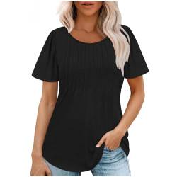 WANGTIANXUE Elegante Plissee Tshirt Damen Sommer Kurzarm T-Shirt Bluse Einfarbige Blusenshirt Lose Damenblusen Leichte Sommershirt Casual Tunika Oberteile Frauen Trendige Faltenoberteile Strandtunika von WANGTIANXUE