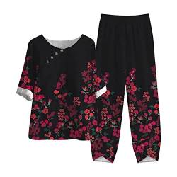 WANGTIANXUE Hosenanzug Damen Gutschein Sommer Outfits Damen Leinen Hose und Oberteil 2 Teiler Lose Kurzarm Leinenbluse Lang Leinenhose Zweiteiler Freizeit Top Set Festlich Elegant Leinenanzug von WANGTIANXUE