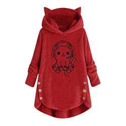 Wintermantel Damen Warm Plüsch Mantel Mädchen Plüschjacke Katze Aufdruck Fleece Hoodie Pullover mit Katzenohren Kapuze Winter Warmer Langarm Winterjacke Oversized Kapuzenpullover Winterpulli von WANGTIANXUE