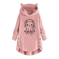 Wintermantel Damen Warm Plüsch Mantel Mädchen Plüschjacke Katze Aufdruck Fleece Hoodie Pullover mit Katzenohren Kapuze Winter Warmer Langarm Winterjacke Oversized Kapuzenpullover Winterpulli von WANGTIANXUE