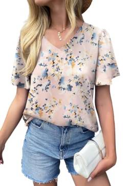 WANGZHI Damen Chiffon Bluse V-Ausschnitt fließende Kurze Ärmel Sommer Oberteile Hemden Top (Blume blau/rosa mittel) von WANGZHI