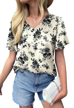 WANGZHI Damen Chiffon Bluse V-Ausschnitt fließende Kurze Ärmel Sommeroberteile Hemden Top (Schwarze Blume/Beige X Large) von WANGZHI